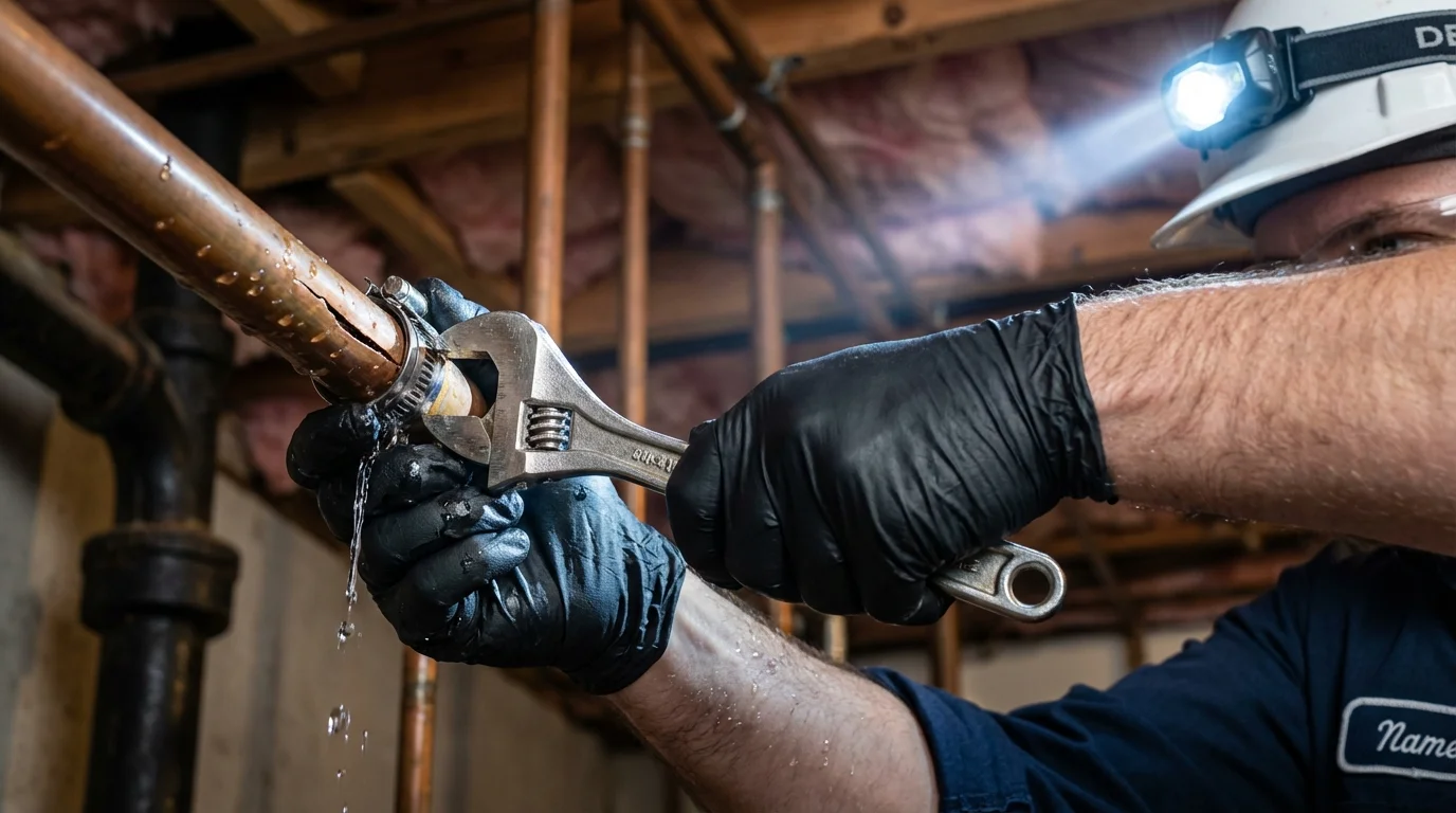Emergency pipe clamp repair being performed by a Johns Plumbing LLC plumber in Centralia