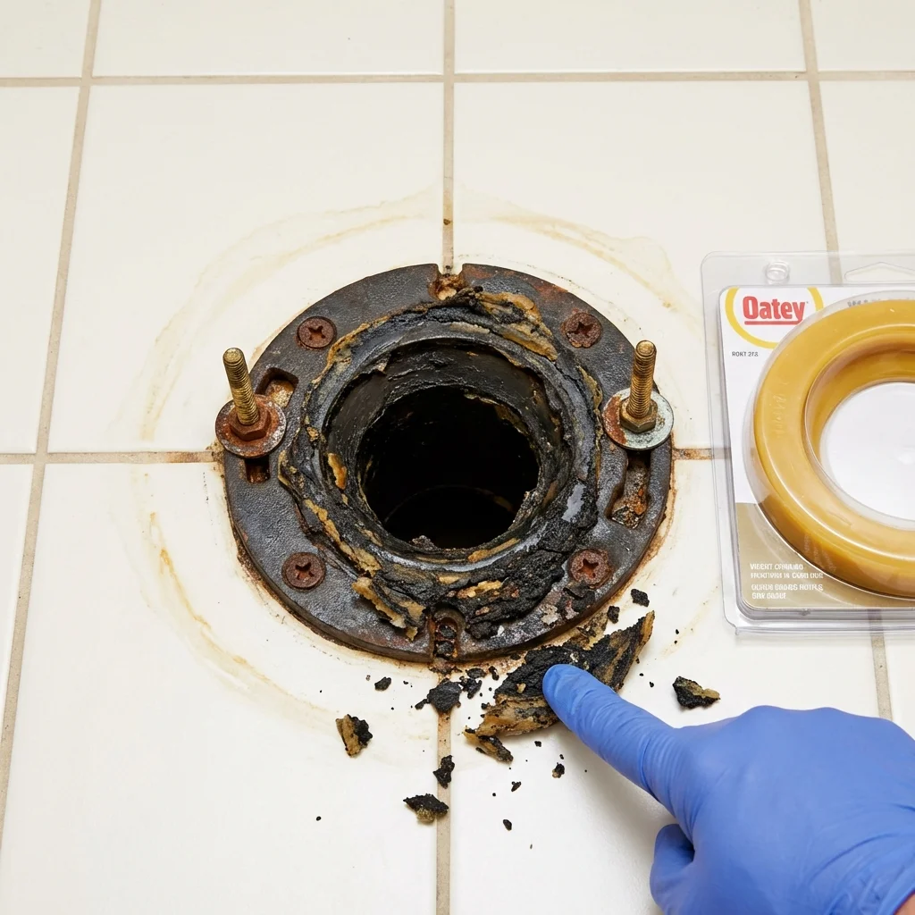 Failed wax ring showing water seepage at the base of a toilet in a Centralia, IL home