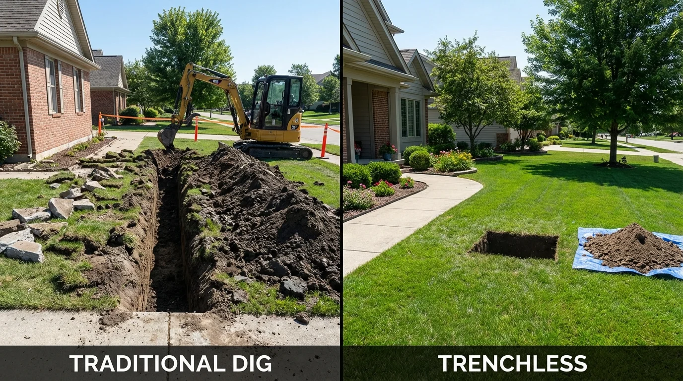 Trenchless sewer repair with minimal yard damage versus traditional excavation in Centralia, IL