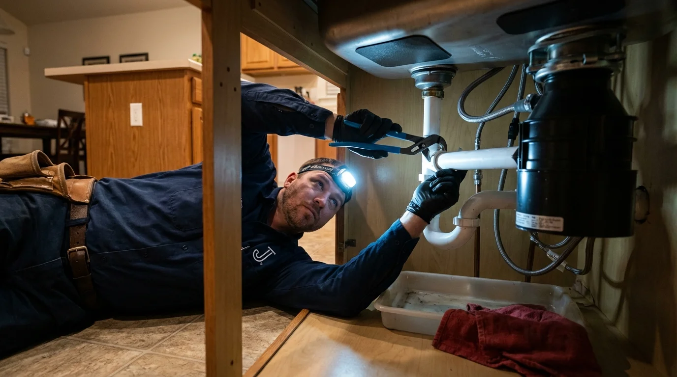 P-trap and supply line connections under a kitchen sink showing a common leak point in Centralia, IL